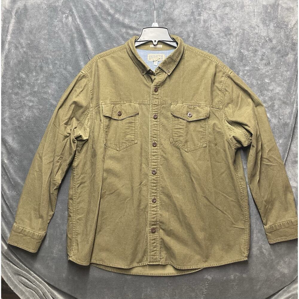Duluth Trading Co Shirt Men Sz XL Olive Drab Corduroy Overshirt Untucked Relaxed
